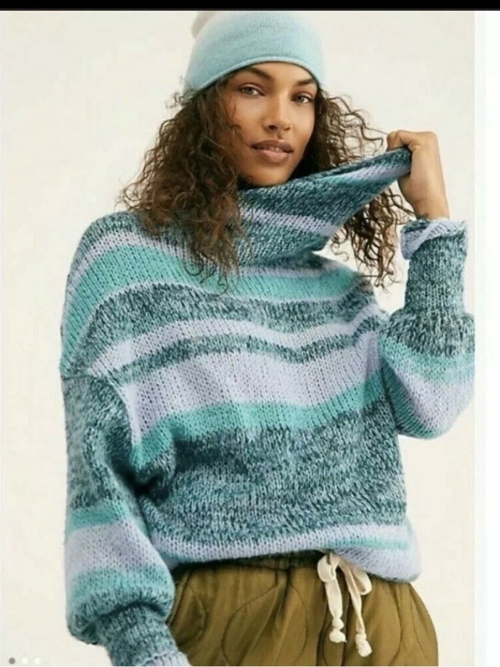 New Free People Striped Turtleneck Sweater in Aqua, Teal and Light Blue Size L